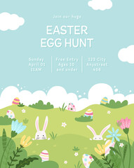 Fun hand drawn Easter Egg Hunt designs with bunnies, Easter eggs and flowers - great for invitations, banners, posters, flyers - vector design
