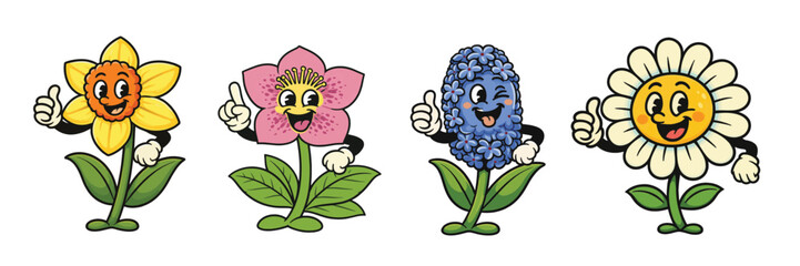 Naklejka premium Vintage style spring flower mascot collection with cute smiling cartoon blossoms