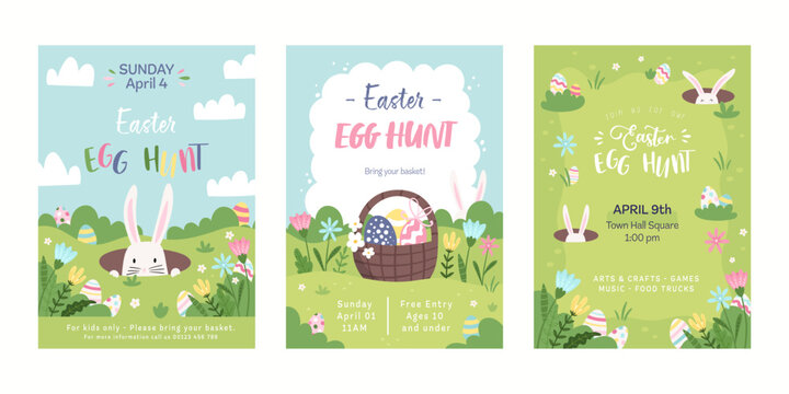 Fun hand drawn Easter Egg Hunt designs with bunnies, Easter eggs and flowers - great for invitations, banners, posters, flyers - vector design