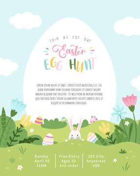 Fun hand drawn Easter Egg Hunt designs with bunnies, Easter eggs and flowers - great for invitations, banners, posters, flyers - vector design