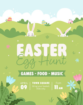 Fun hand drawn Easter Egg Hunt designs with bunnies, Easter eggs and flowers - great for invitations, banners, posters, flyers - vector design
