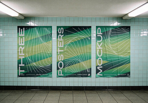 Glued Posters Mockup on Tile Wall