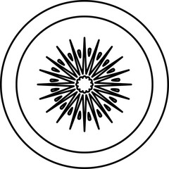 Obraz premium Abstract illustration of a stylized kiwi slice with radiating lines, set within a double circular frame, suitable for design elements