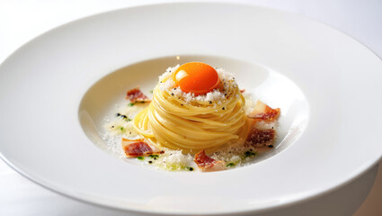 Gourmet spaghetti carbonara with egg yolk garnish served in a white ceramic bowl perfect for restaurant menus and culinary presentations