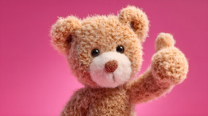 Fototapeta premium Teddy bear giving thumbs up on pink background