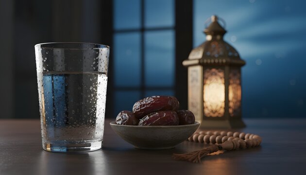 A serene moment of quiet reflection, preparing for Imsak with dates, water, and prayer beads, capturing a spiritual Ramadan tradition concept
