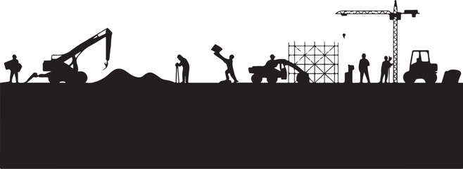 Obraz premium Construction site silhouettes with workers and machinery