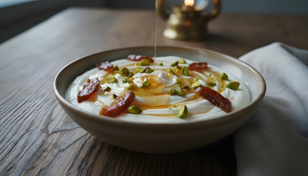 A rich and creamy yogurt dish topped with golden honey, succulent dates, and vibrant pistachios, embodying a nutritious Imsak concept.