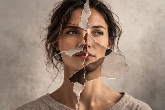 Innere Zerrissenheit einer Frau &ndash; symbolisches Portr&auml;t mit zerrissenen Fragmenten und Textfreiraum