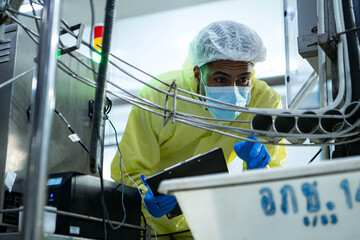 Quality control officers inspect the can conveyor system