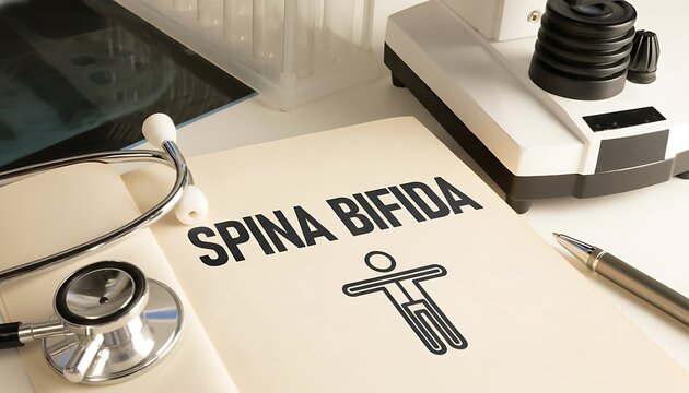 Spina bifida medical document on doctor desk with stethoscope, pen and laboratory equipment, healthcare diagnosis concept featuring neural tube defect, congenital disorder, birth defect with