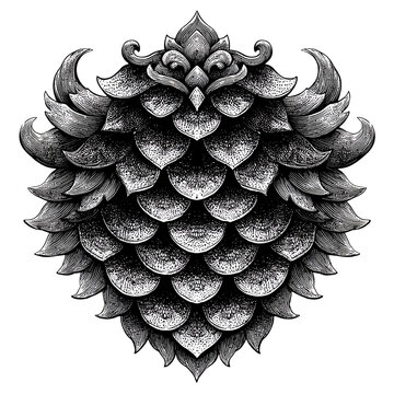 Intricate black and white illustration of a shield design featuring layered scales.