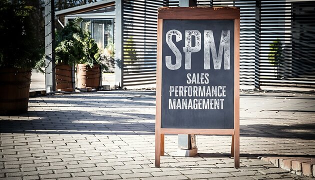 SPM sales performance management signboard outside modern office building, business consulting and marketing analytics concept featuring chalkboard, sidewalk sign, A-frame sign with outdoor