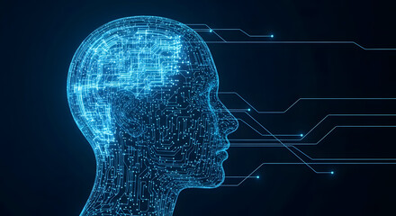 Obraz premium Digital human head with glowing brain and circuit lines on dark background