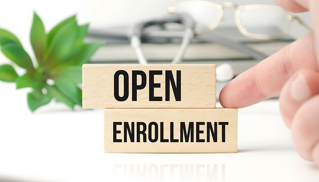 Open enrollment sign on wooden blocks with stethoscope and hand pointing, healthcare insurance registration concept banner featuring benefits, employee benefits, HR with human resources and signup