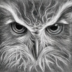 Fototapeta premium Intense monochrome artwork of an owl's face, close-up, showcasing its expressive eyes