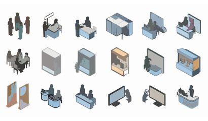 Isometric expo icons set with business people exhibition stands and promotion elements © Sahina