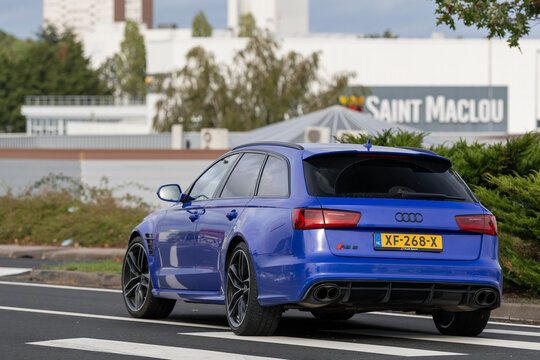 Nancy, France - October 8th 2020 : View on a blue Audi RS6 Avant Performance Nogaro Edition finished in Nogaro blue driving on a street.