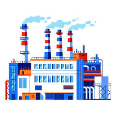 Obraz premium Industrial factory with smokestacks emitting smoke on a white background