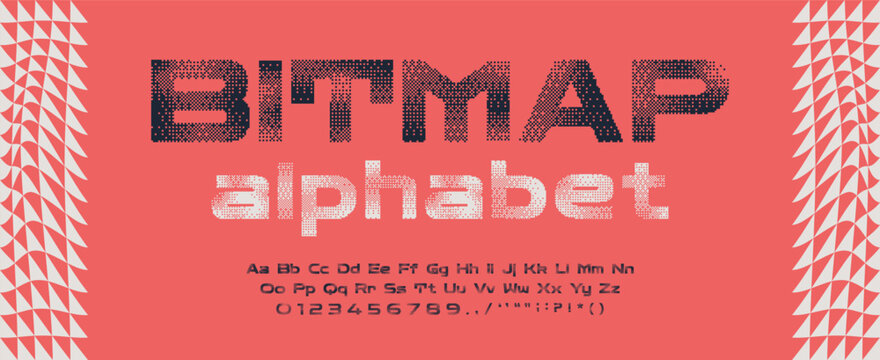 Bitmap dither alphabet with numbers. 8 bit vintage computer letters. Y2k pixel art. 90s aesthetics gradient grid font. Old school retro typeface. Vector illustration.