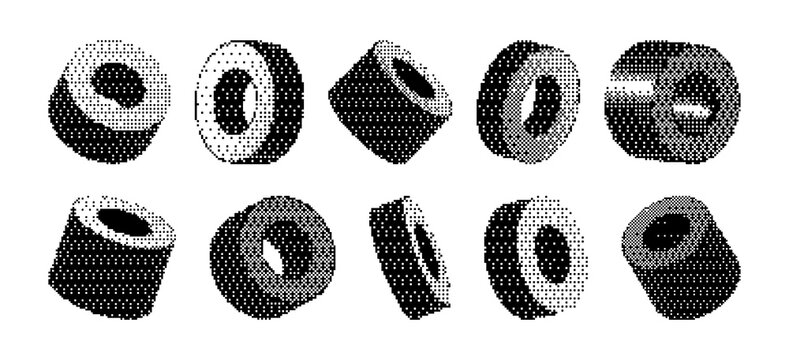Y2K bitmap shape set. Pixelated texture elements. Cylinders with a round hole in the middle in halftone pixel art style. Retro brutalism bit figure collection. Black and white colors.