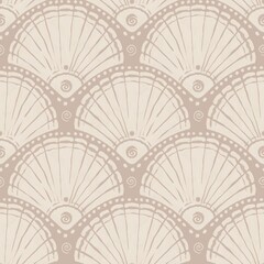 Seashell Pattern on beige background. Seamless scallop pattern. Hand drawn coastal pattern