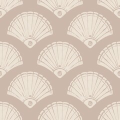 Hand drawn scallop pattern on neutral beige background. Seamless seashell pattern
