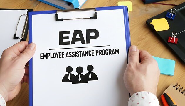 EAP Employee Assistance Program clipboard document on office desk, workplace mental health support and HR benefits concept featuring counseling, HR, human resources with corporate wellness and stress
