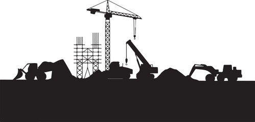 Obraz premium Black silhouette construction site with crane and excavators