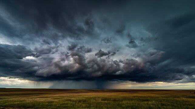 Massive supercell thunderstorm looms over a vast grassy plain, with heavy rain shaft visible under dark, turbulent clouds at sunset.