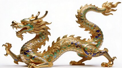 Fototapeta premium a fullbody golden Chinese dragon decorative sculpture, ultra detailed gold filigree, isolated on pure white background, clean stock style lighting 