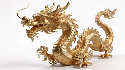 Obraz premium a fullbody golden Chinese dragon decorative sculpture, ultra detailed gold filigree, isolated on pure white background, clean stock style lighting 