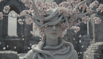 Ethereal Figure with Floral Elements Surreal Sculpture Woman Flowers Branches Ancient Ruins Fantasy. Concept featuring surreal, sculpture, woman, flowers, branches for professional commercial design.