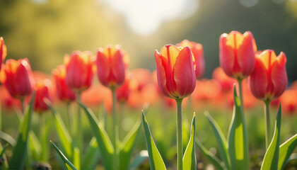 Obraz premium Red Tulips in Golden Light – March 8 International Women’s Day Floral Background