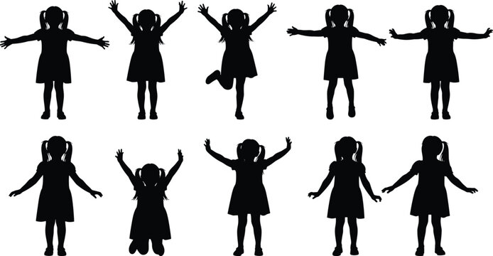 Cute little girl silhouette set featuring various poses including jumping, dancing, arms raised, and standing isolated on white for kids design,