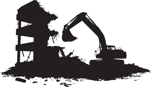 Black silhouette excavator demolishing building demolition 5