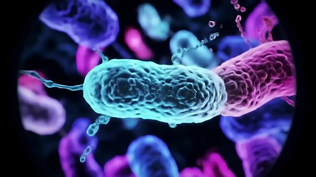 Microscopic view of pathogens with flagella in vibrant blues, purples, and pinks