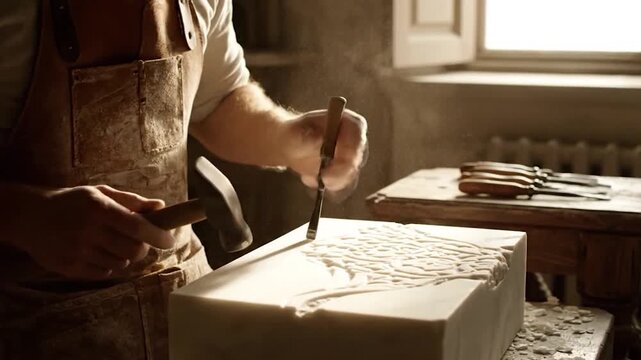 Skilled artisan meticulously carves intricate designs into a stone block, creating a beautiful piece of art.