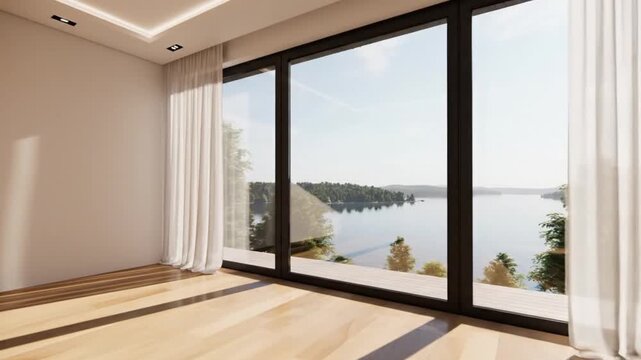 Modern minimalist interior empty room with panoramic window overlooking serene lake and lush green forest during sunny day with light reflections on wooden floor