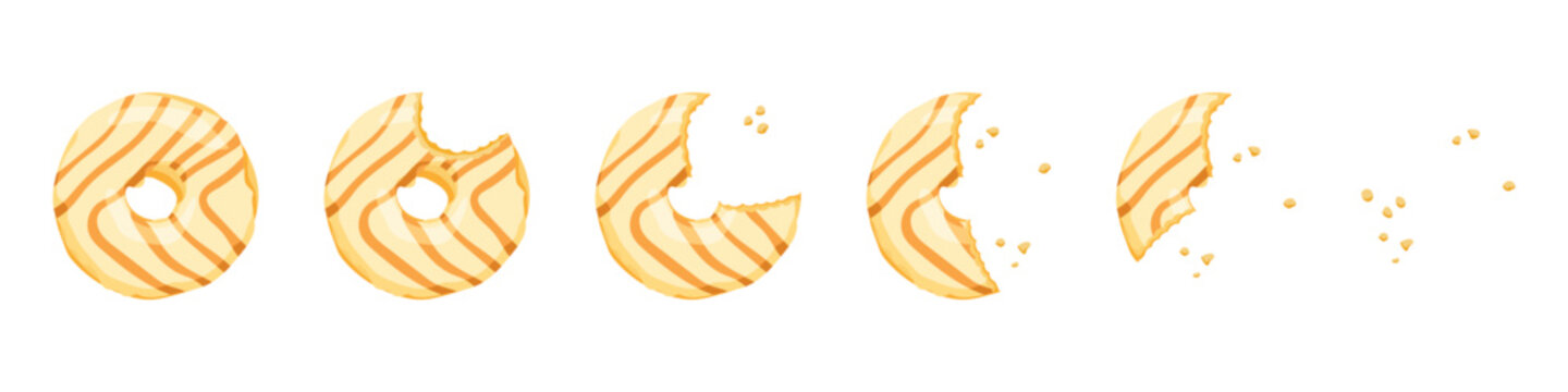 Flat vector illustration of vanilla glazed donut gradually eaten in 6 stages, step by step food process with bite marks and crumbs isolated on white background