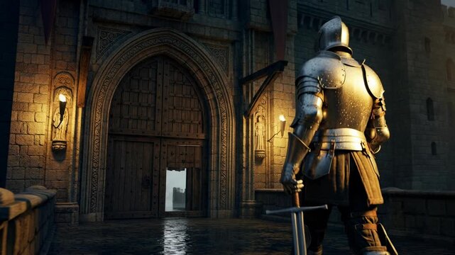 Knight in medieval armor approaches castle gate, holding a sword during a rainy day with subtle light changes, fantasy scene