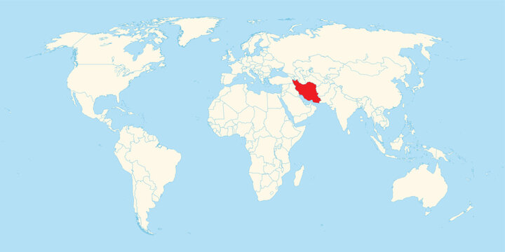 Flat world map illustration highlighting Iran in red situated within the Middle East and Central Asia
