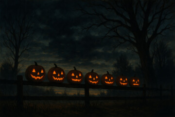 Jack-o'-lanterns glowing on fence during spooky halloween night