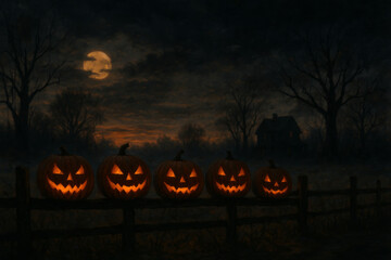 Jack-o'-lanterns illuminating fence during spooky halloween night