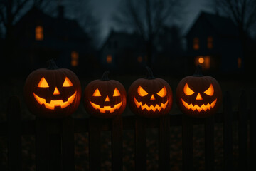 Halloween jack-o'-lanterns glowing on dark fence at night