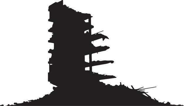 Black silhouette of a destroyed building ruins rubble