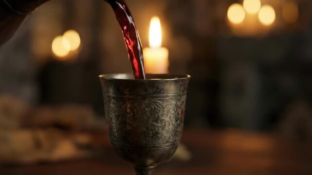 Sacred 4K Slow Motion Wine Pouring into Ornate Chalice, Symbolizing Holy Communion and Last Supper.