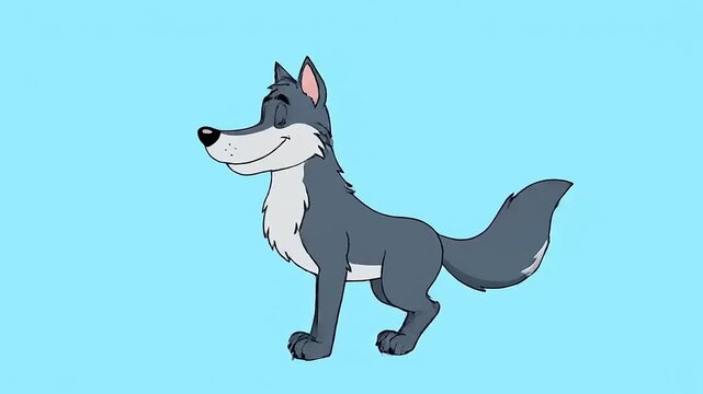 Happy cartoon wolf character walking in profile view against a light blue backdrop in animation style, whimsical, friendly, cute, children's book style.