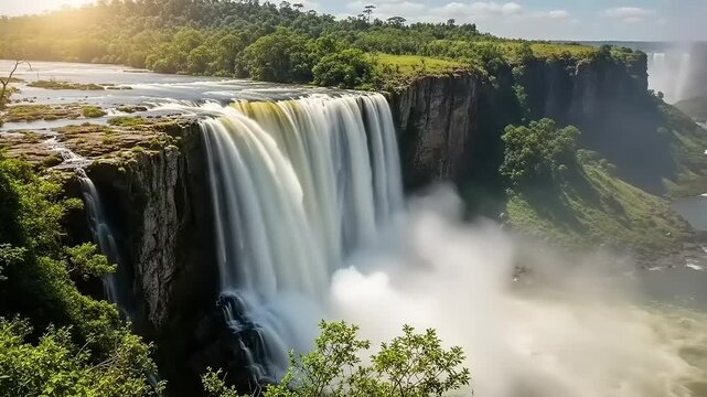 Victoria Falls Landscape with Waterfall and Vegetation.