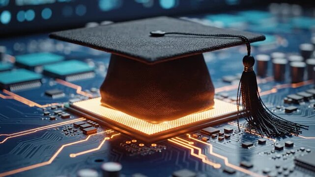 Graduation cap on computer chip symbolic of digital education and technological knowledge acquisition